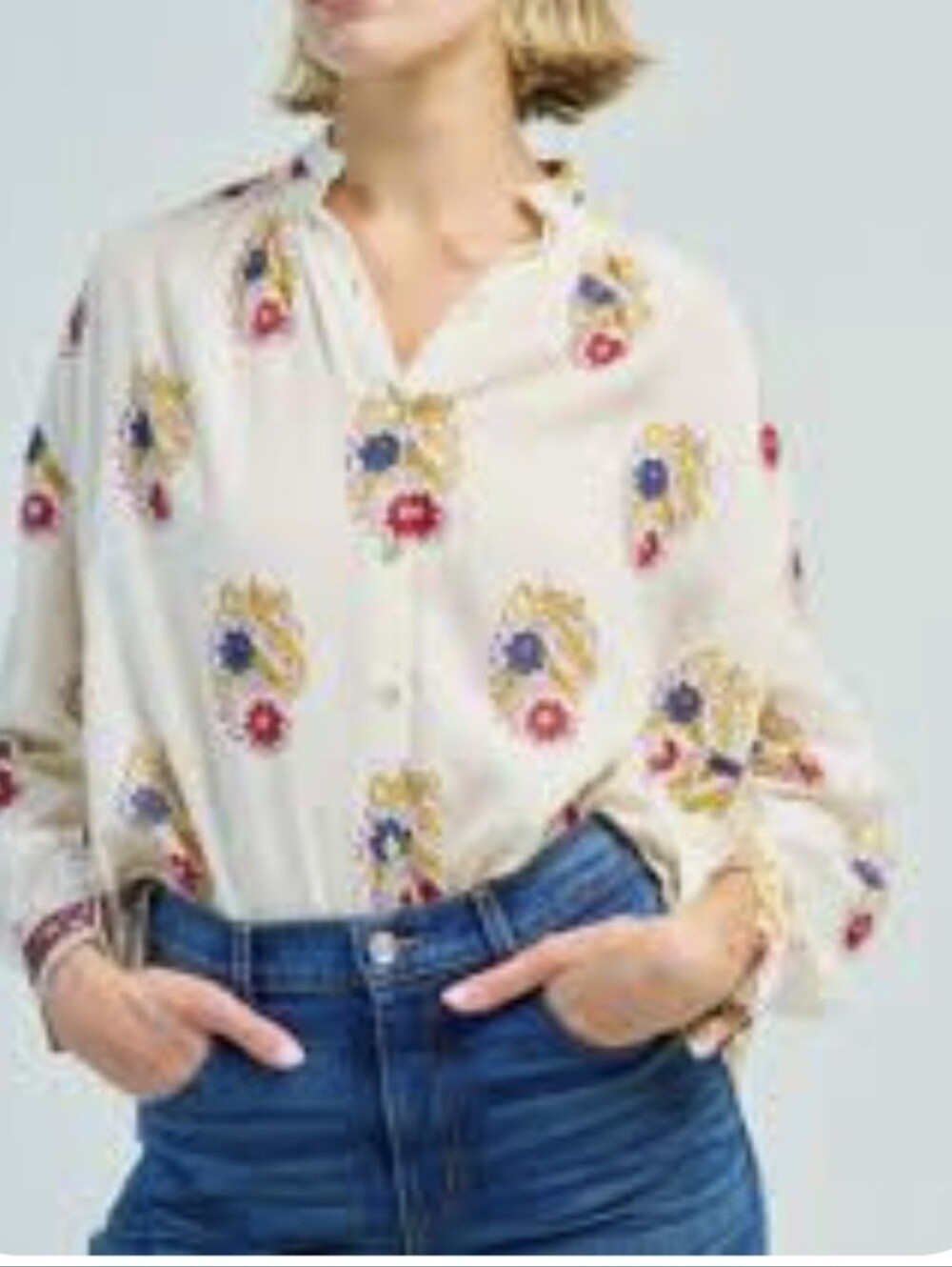 Elie Tahari Women’s Cream Floral Button-Up Blouse Long Slevee Size XS NWT